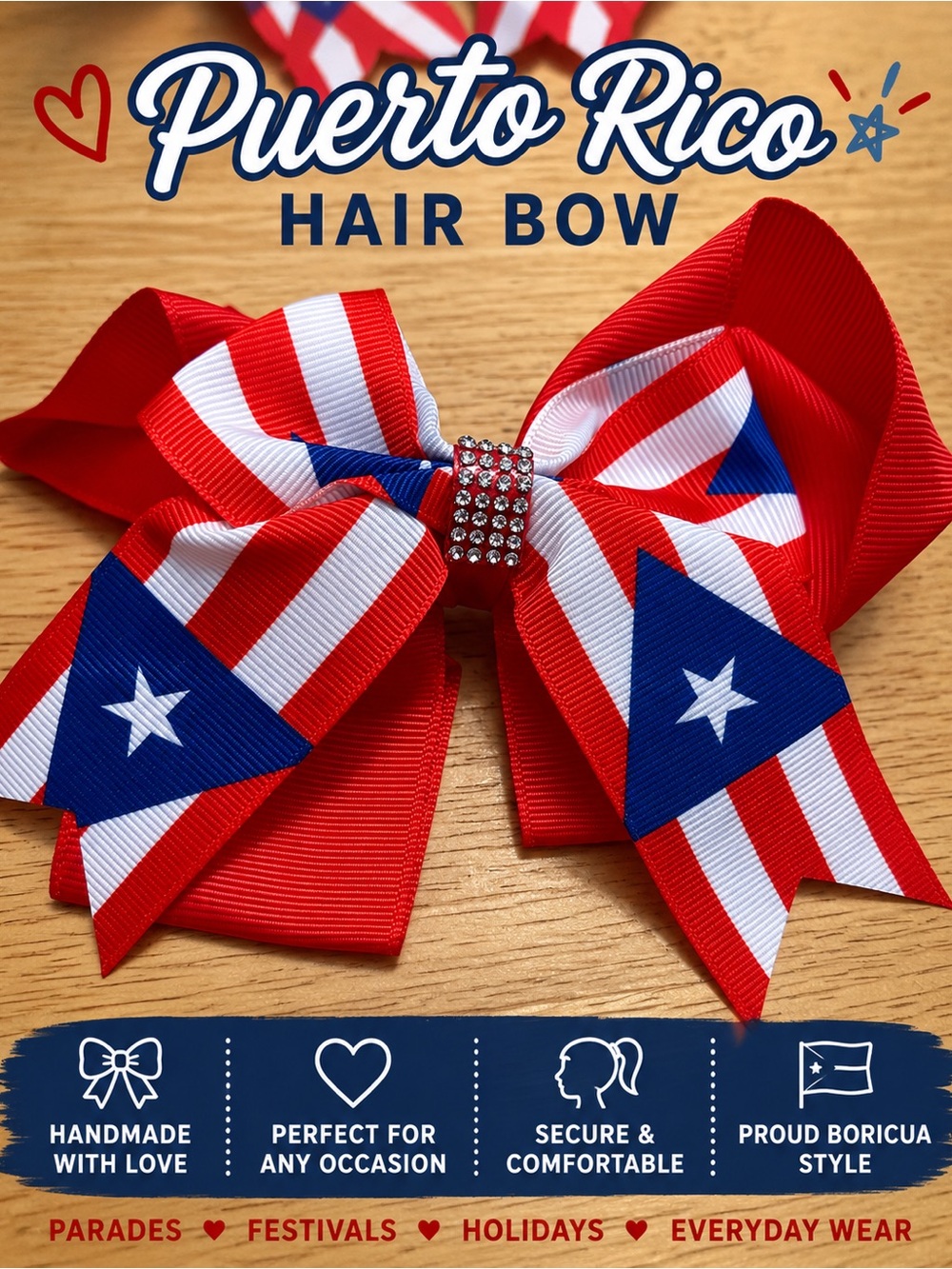 🩷.  6058. 🟰 Puerto Rico Red White and Blue Hair Bow